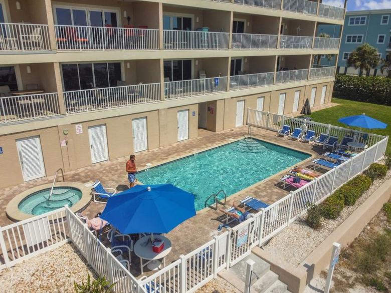 The heated pool and hot tub seen from above